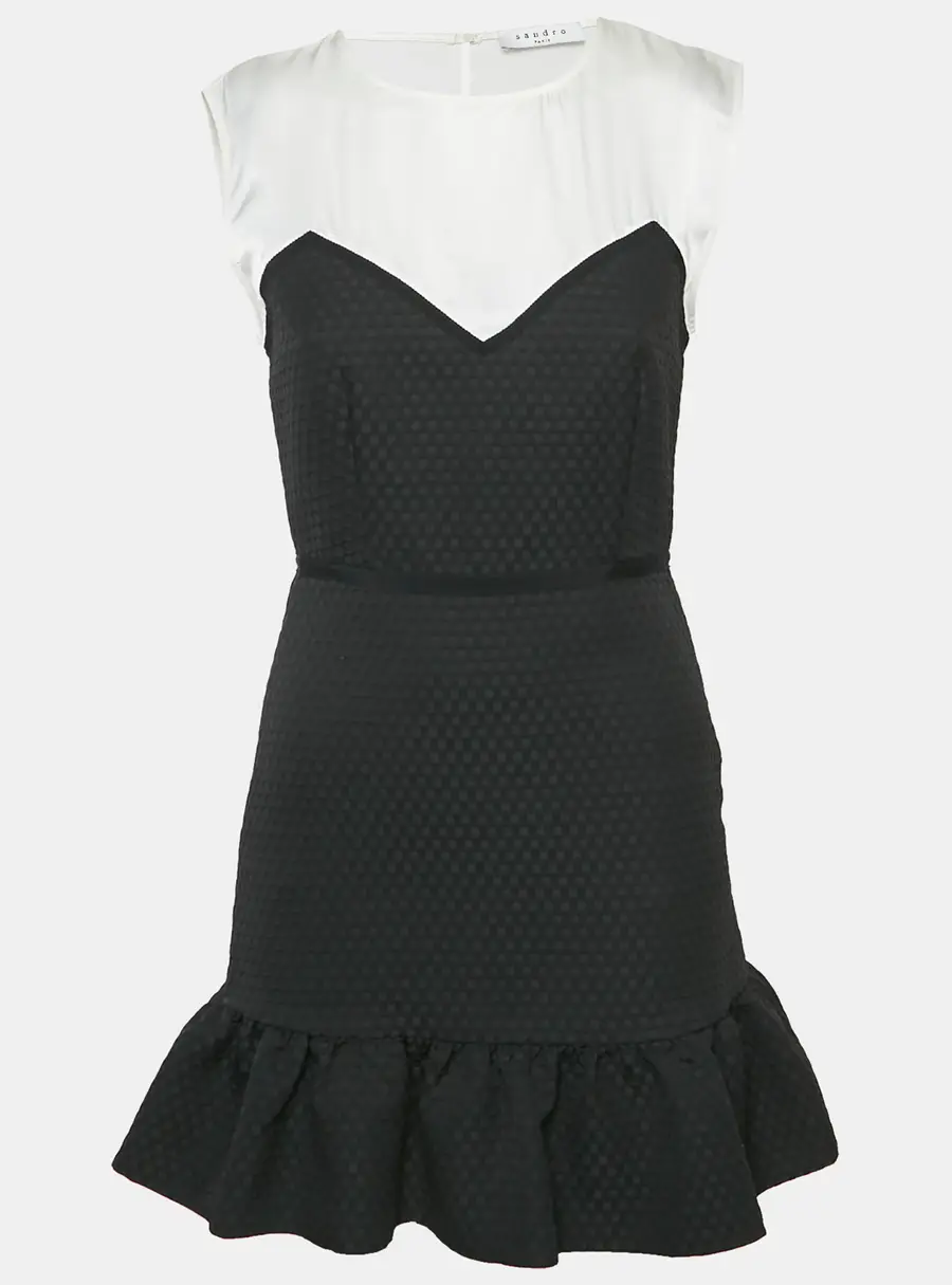 Sandro Black Satin/Jacquard Flounce Mini Dress S