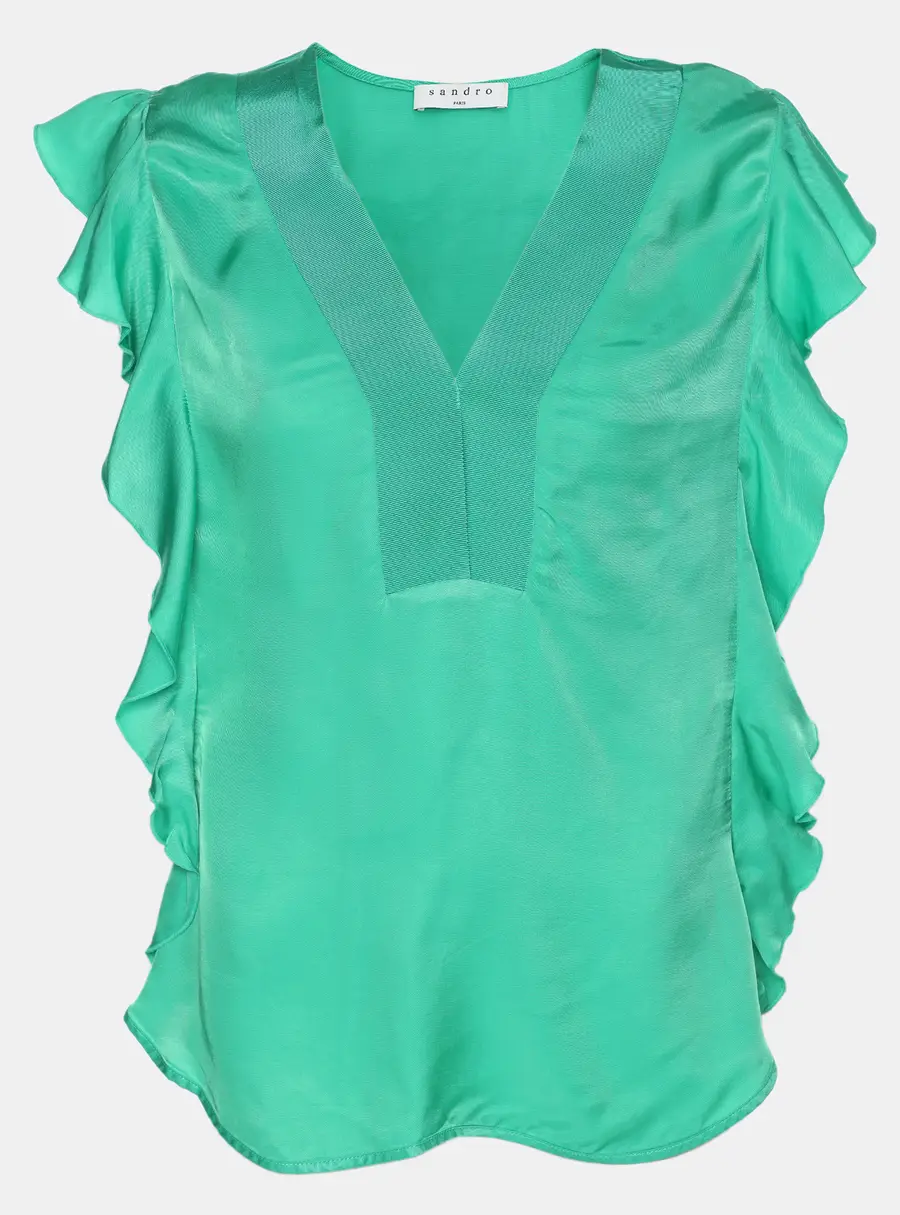 Sandro Green Crepe Viscose Ruffled Detail Top L