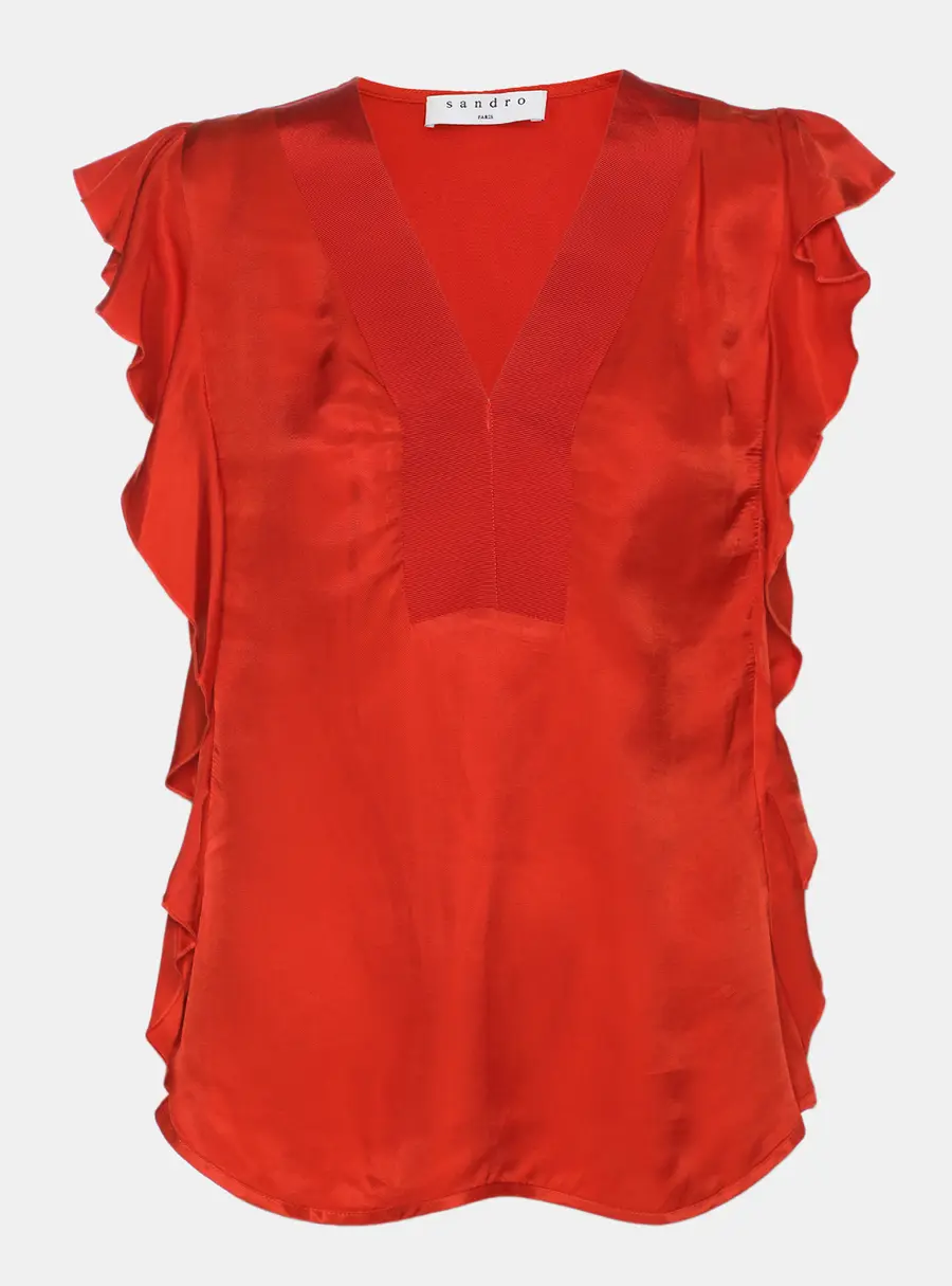 Sandro Orange Crepe Ruffled Top S