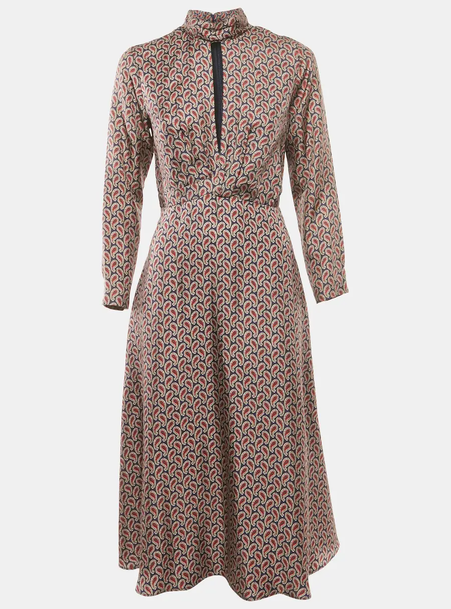 Sandro Navy Blue & Red Paisley Printed Silk High Neck Maxi Dress XS