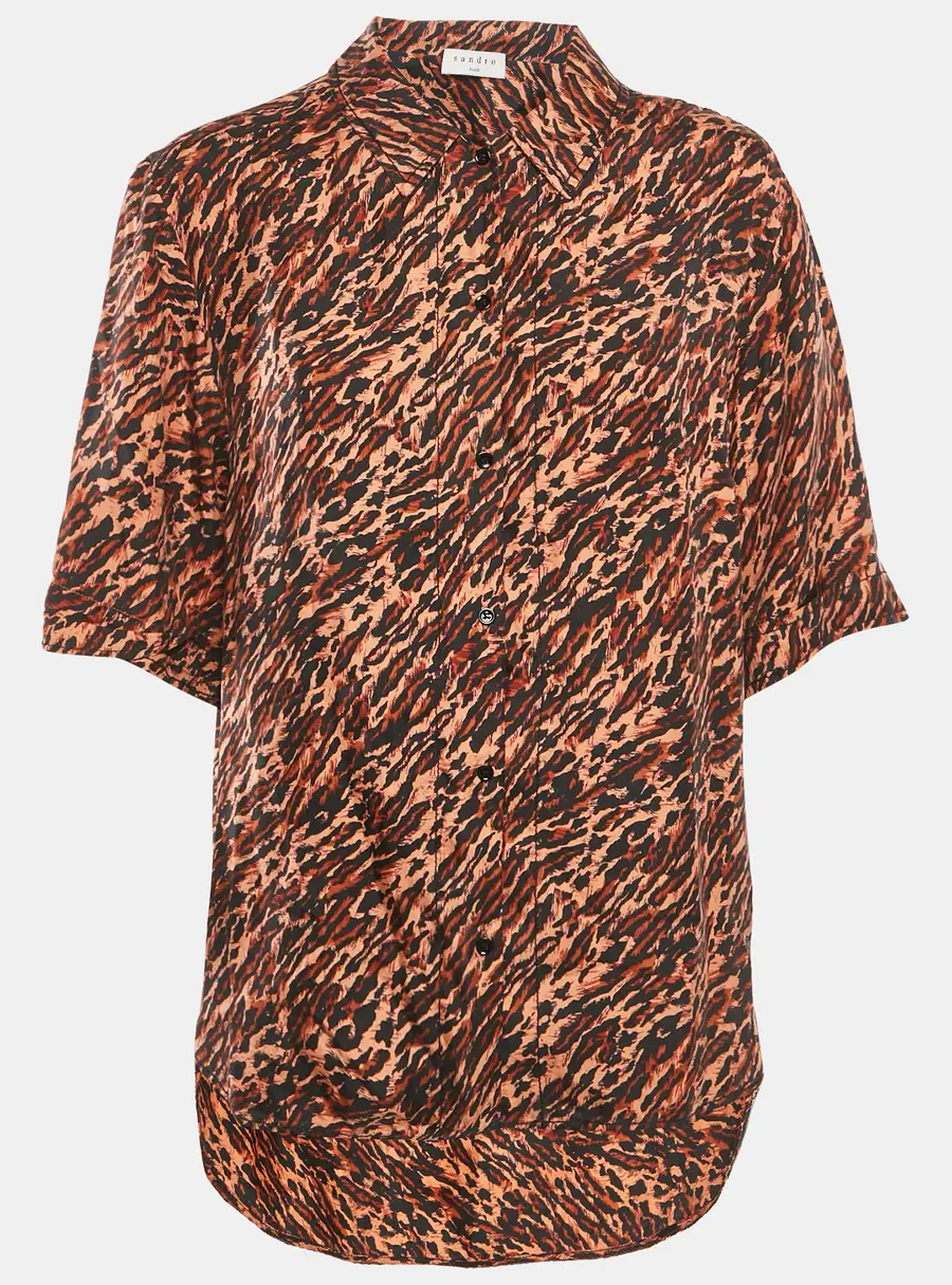 Sandro Brown Leopard Print Silk Short Sleeve Shirt L