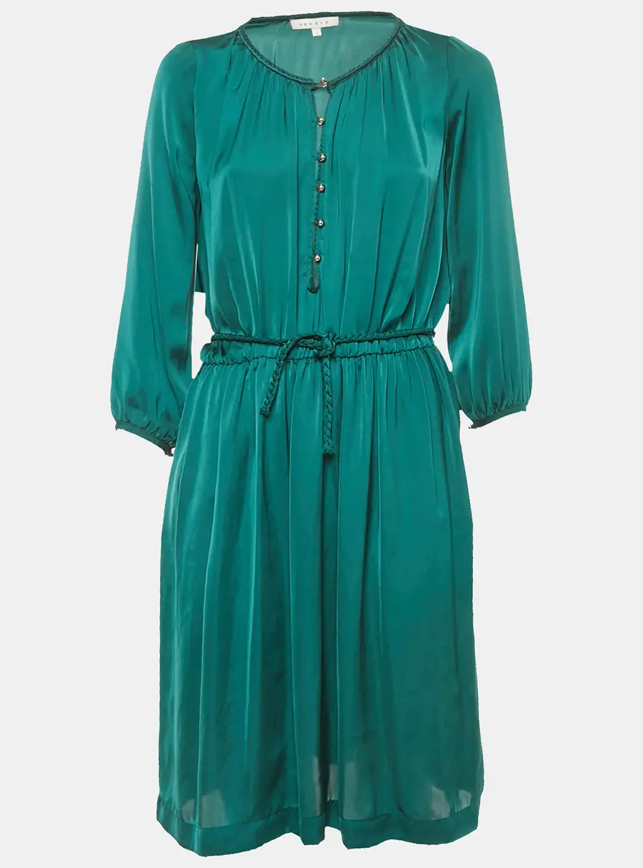Sandro Green Satin Waist Braided Tie-Up Detail Dress S