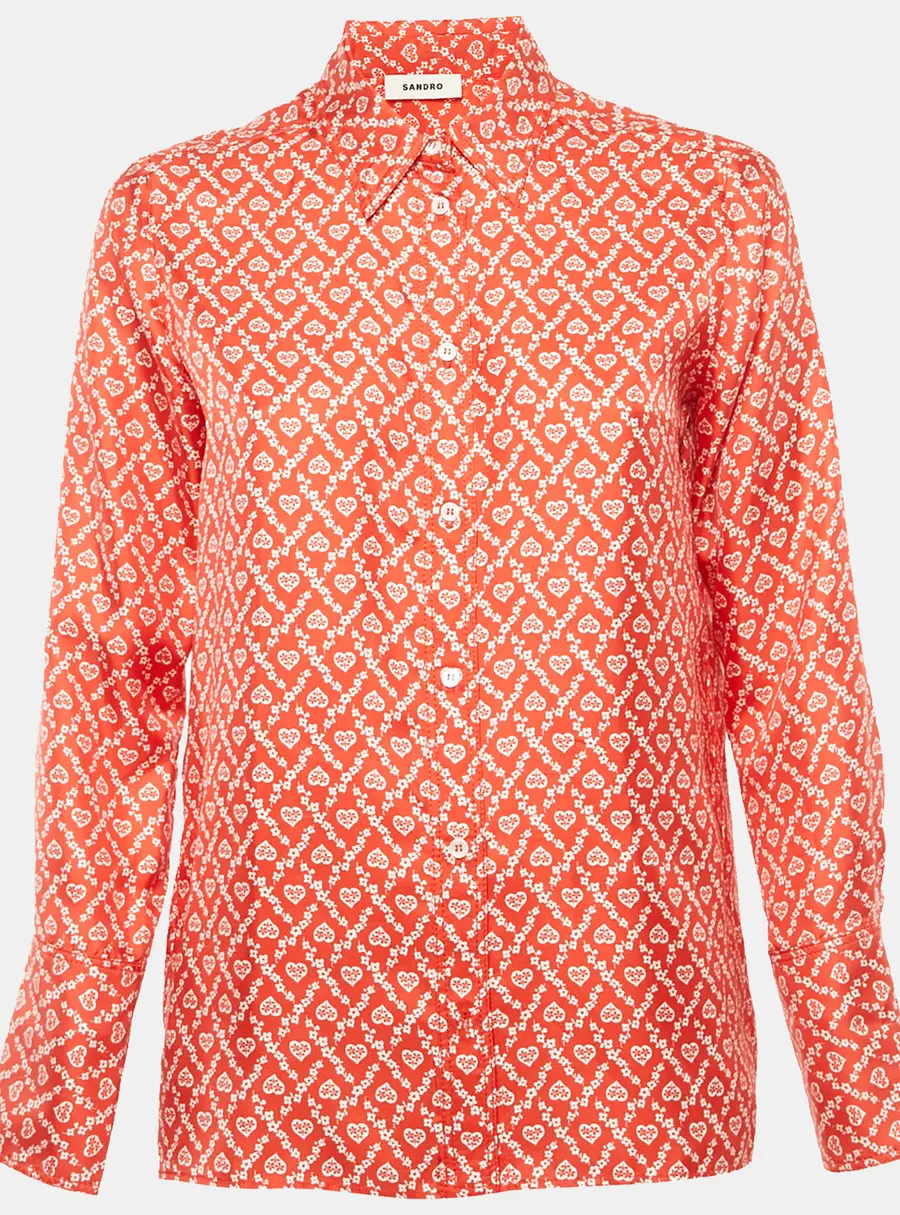 Sandro Red Printed Silk Button Front Long Sleeve Shirt XS