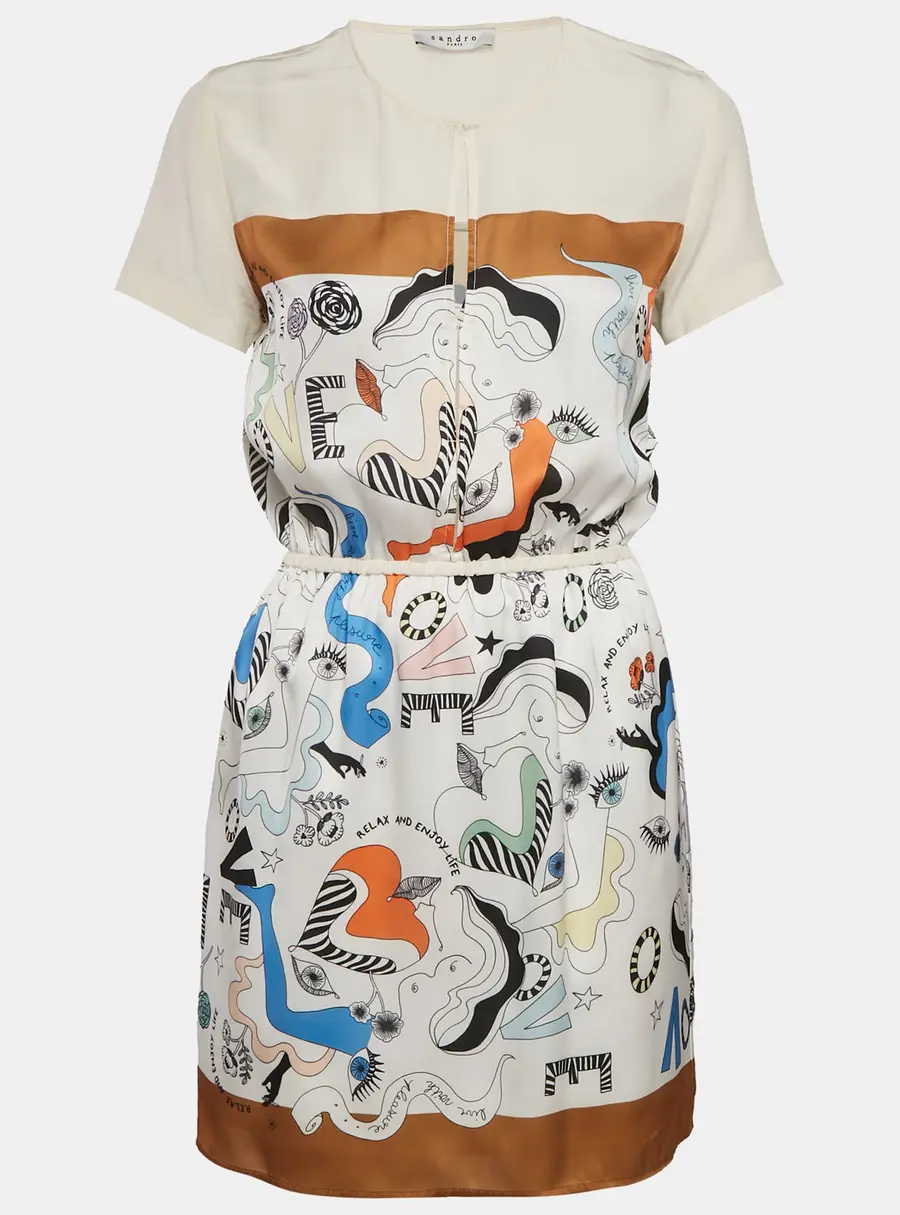 Sandro White Printed Crepe and Silk Trim Mini Dress S