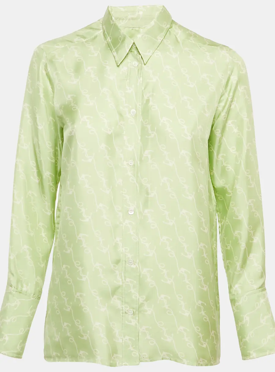 Sandro Green Anchor Print Silk Long Sleeve Shirt S