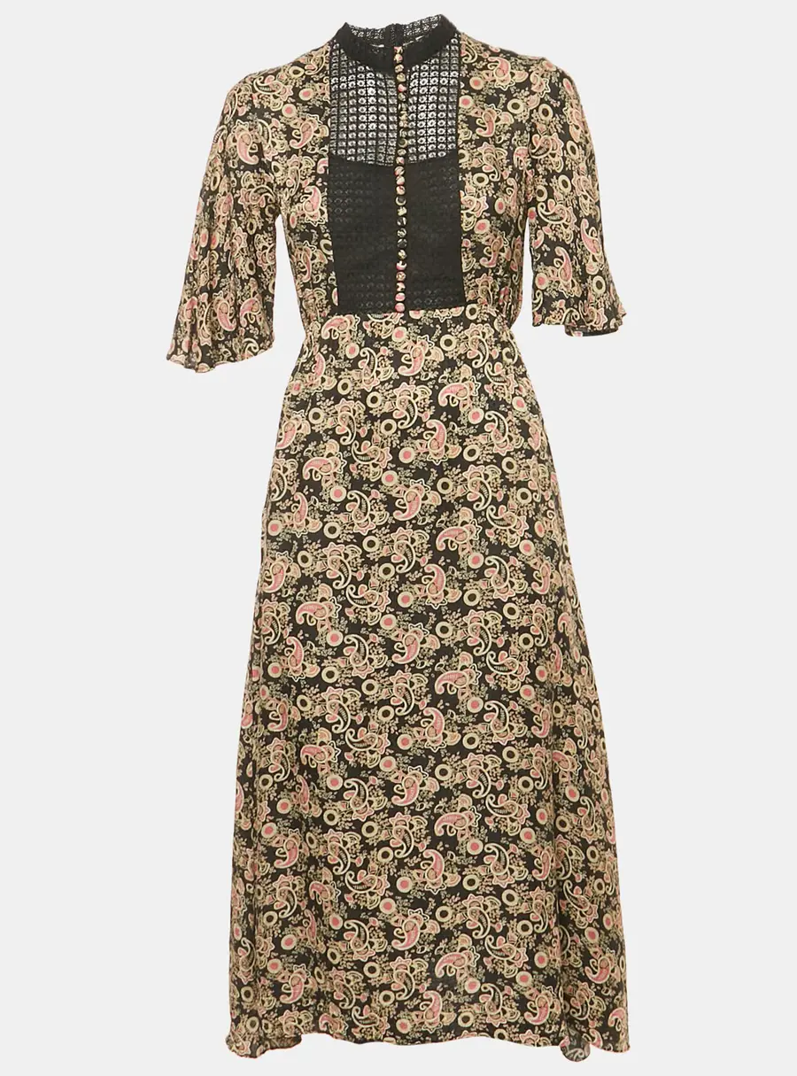 Sandro Black Lace Trim Paisley Print Crepe Midi Dress XS