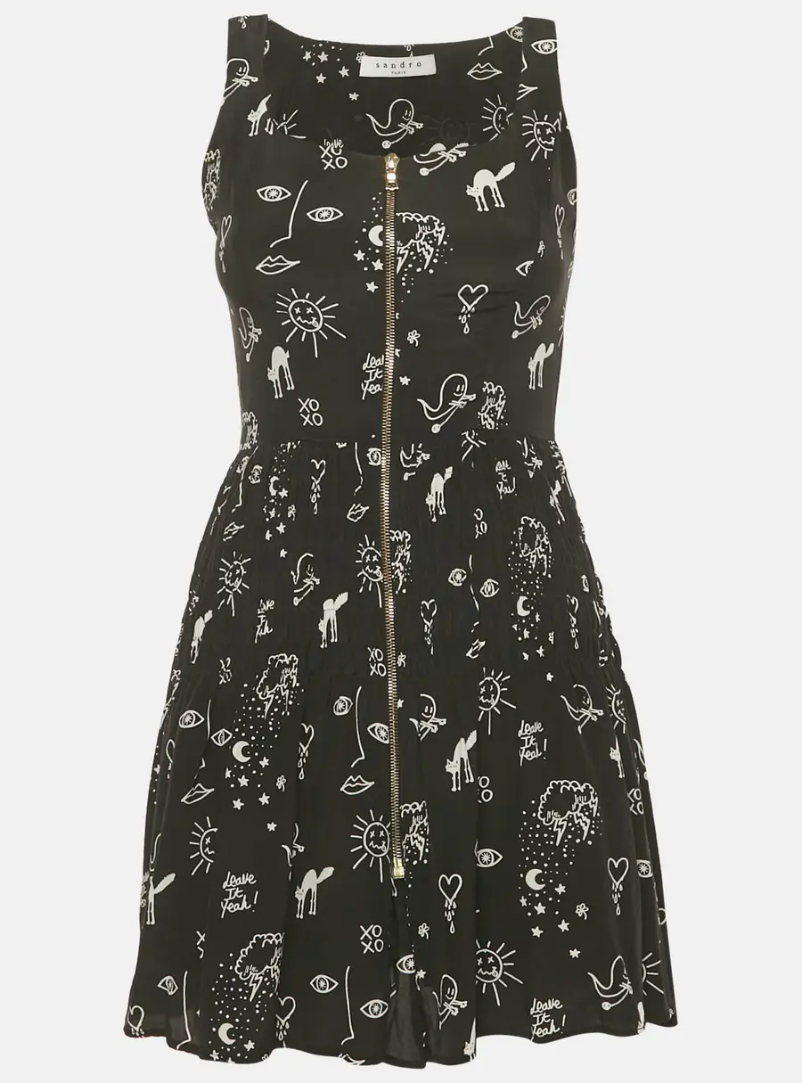 Sandro Black Printed Silk Mini Dress S
