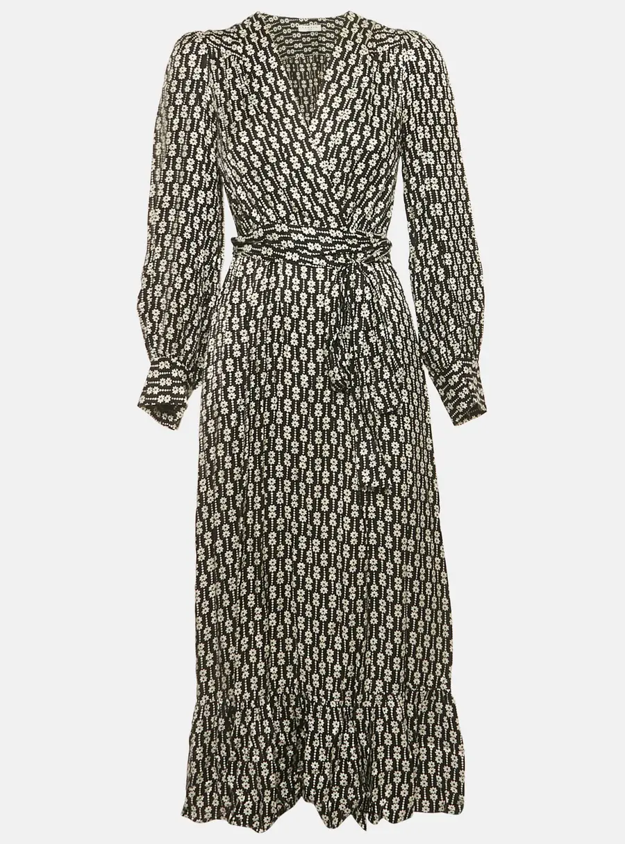 Sandro Black Floral Print Viscose Warp Around Midi Dress XS