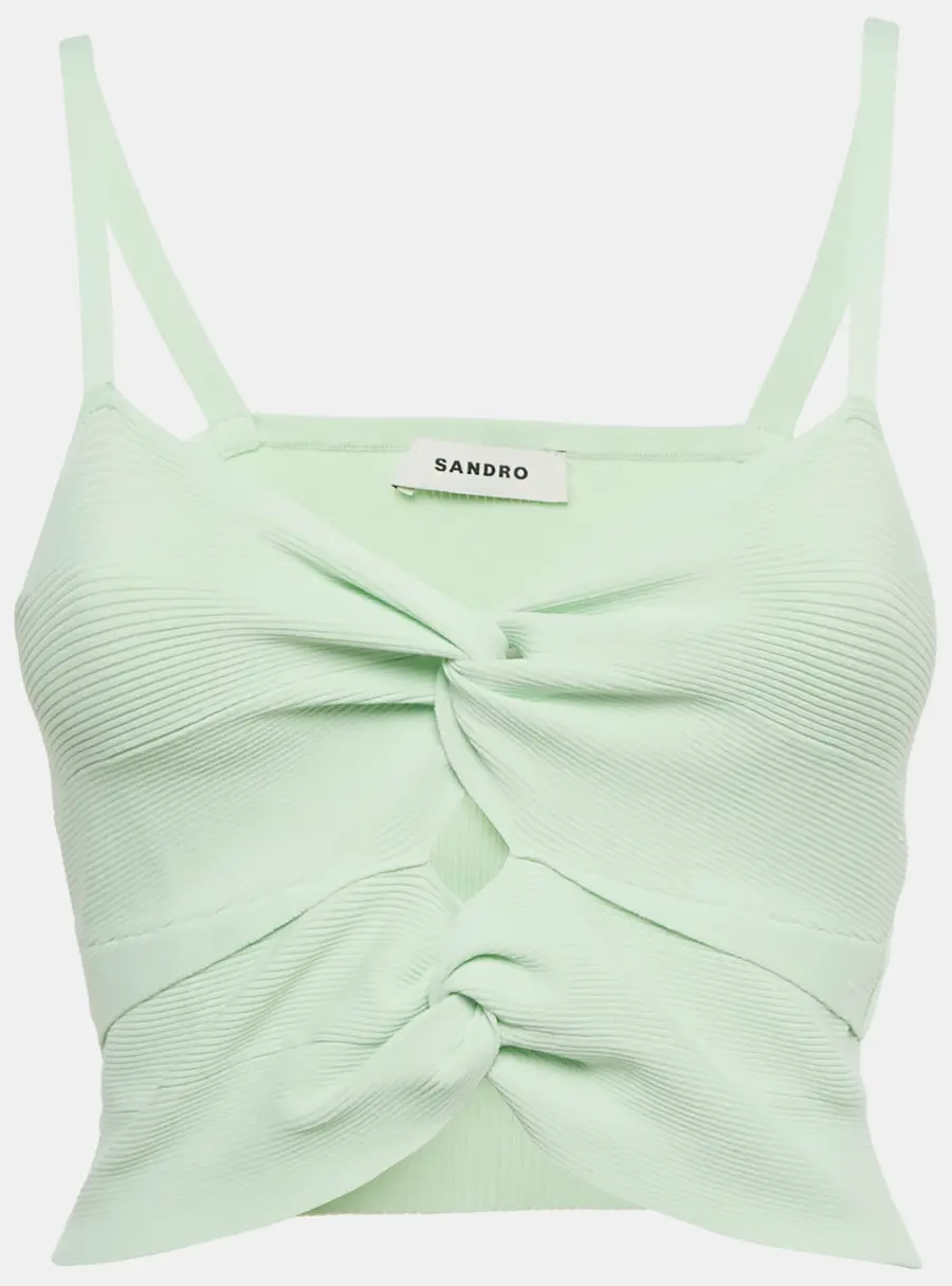 Sandro Light Green Rib Knit Cut-Out Crop Top S