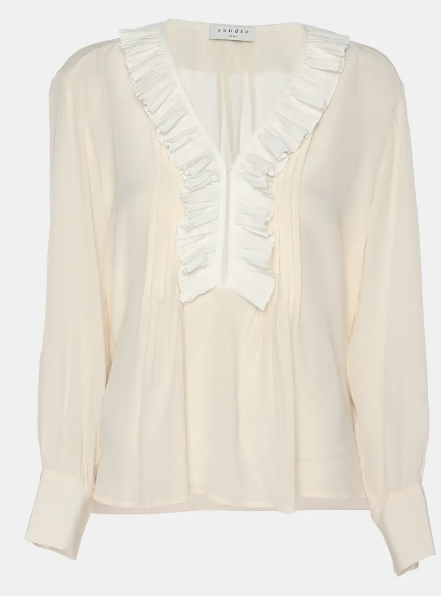 Sandro Light Beige Crepe Ruffle Trip Long Sleeve Shirt S