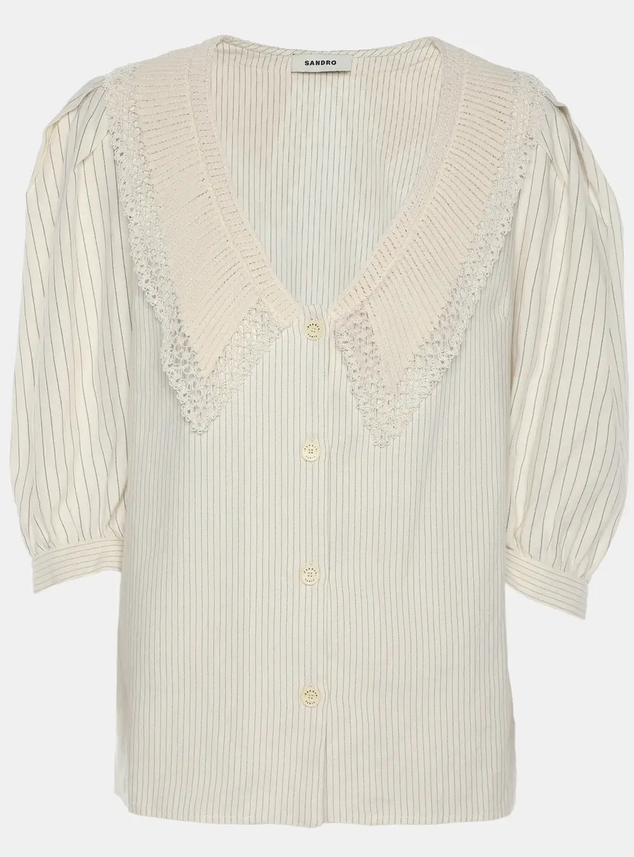 Sandro Cream Stripe Linen Blend Lace Trip Blouse S
