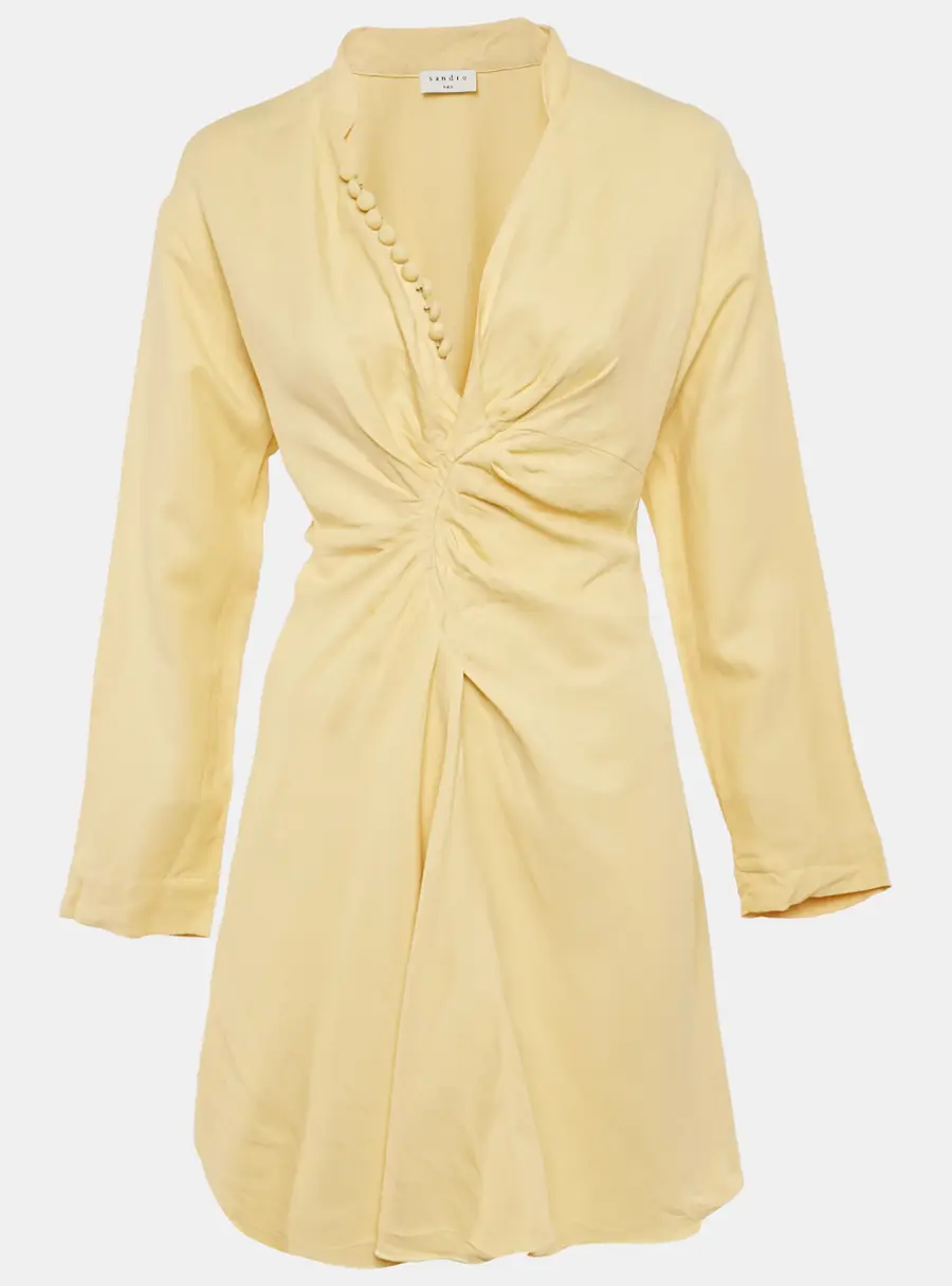 Sandro Yellow Crepe Gathered Mini Dress XS