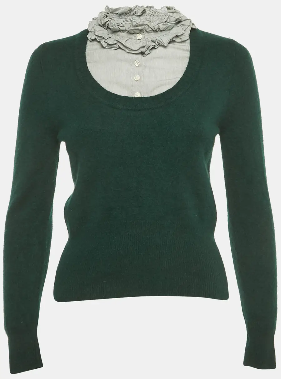 Sandro Green Cotton Trim Wool Fitted Sweater L