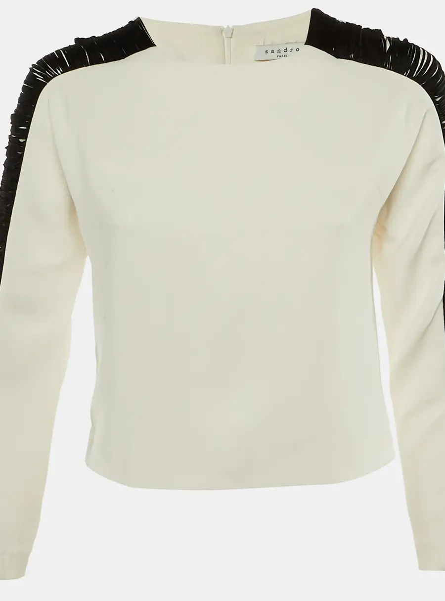 Sandro White Crepe Contrast Sleeve Detail Top S