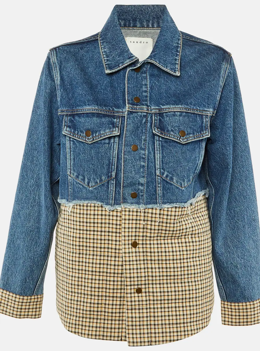 Sandro Blue Plaid Print Denim Jacket S