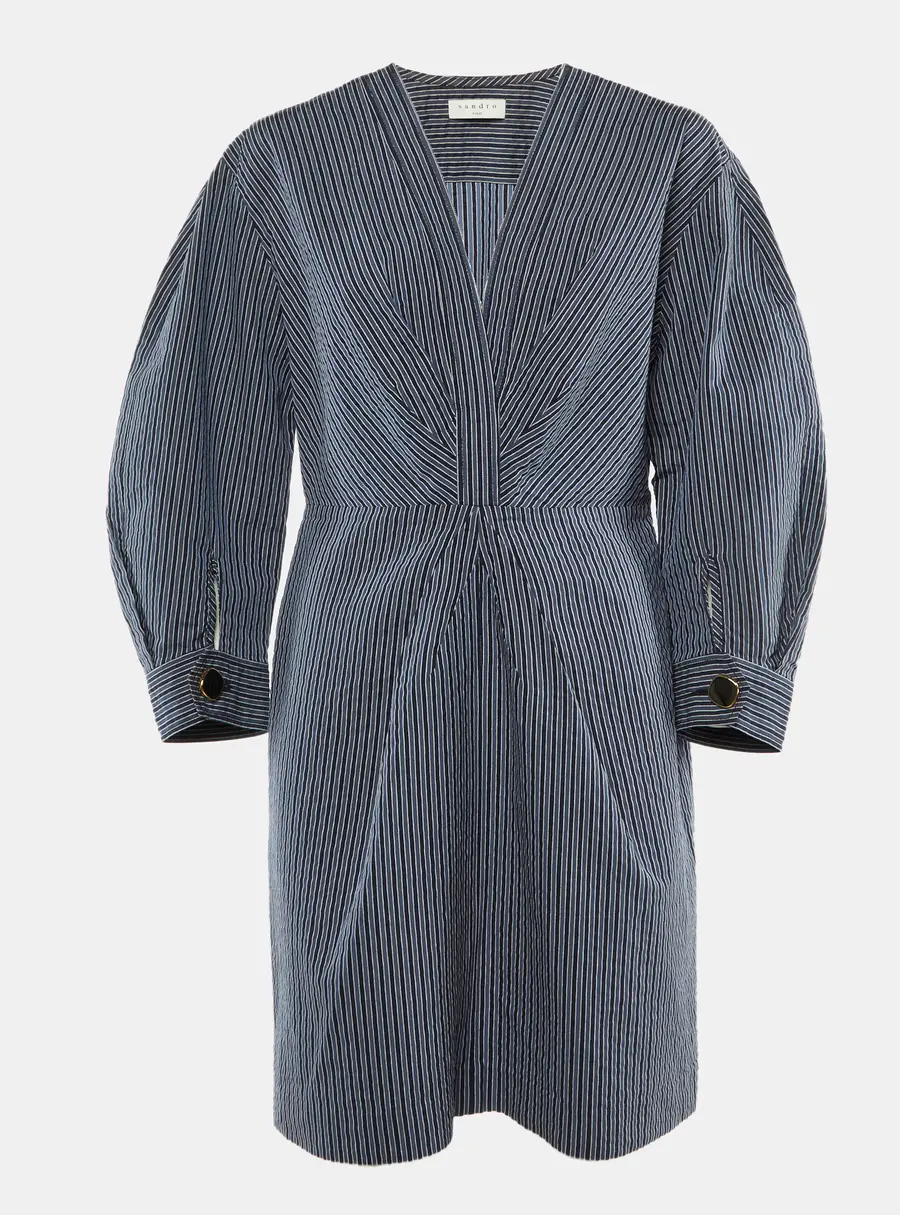 Sandro Navy Blue Striped Cotton Blend Plunge Neck Mini Dress XL