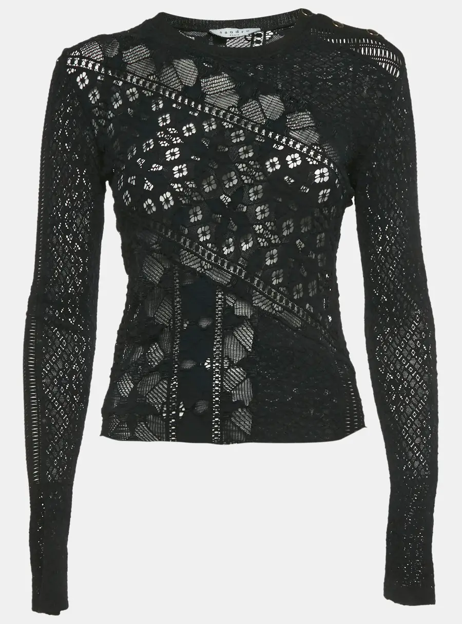 Sandro Black Stretch Lace Sheer Top M
