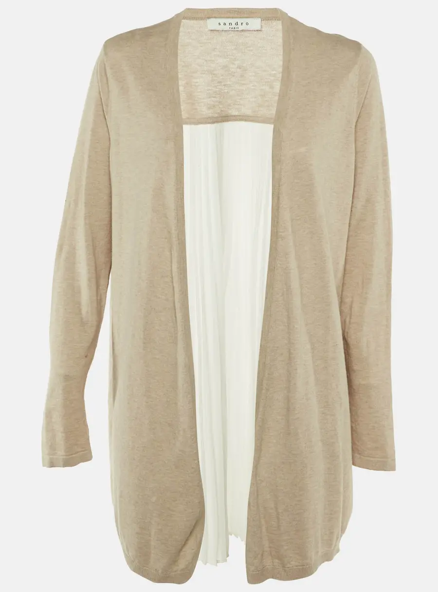 Sandro Beige Knit & Crepe Pleated Cardigan M