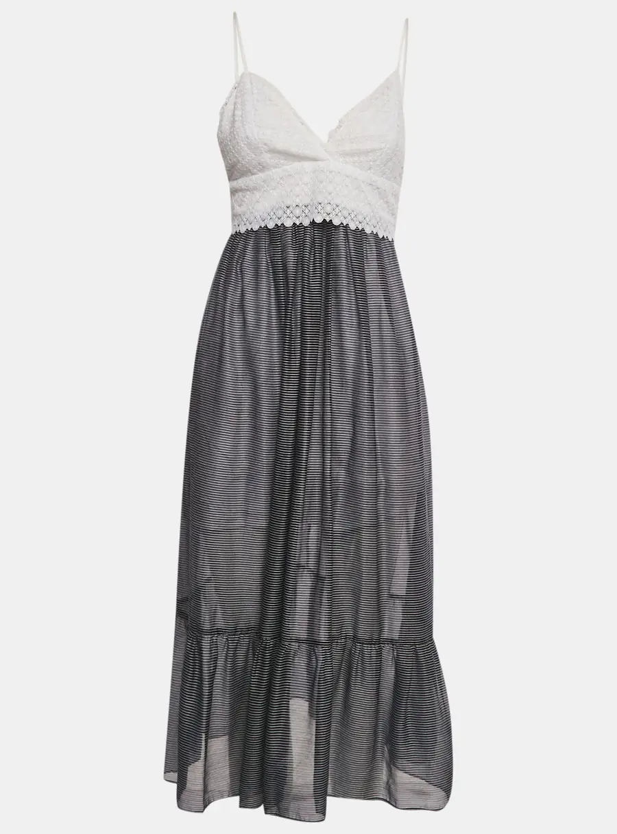 Sandro White /Navy Blue Striped Lace & Crepe Midi Dress M