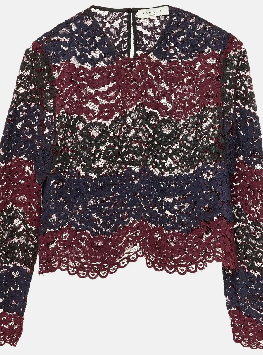 Sandro Maroon Floral Lace Scalloped Crop Top M