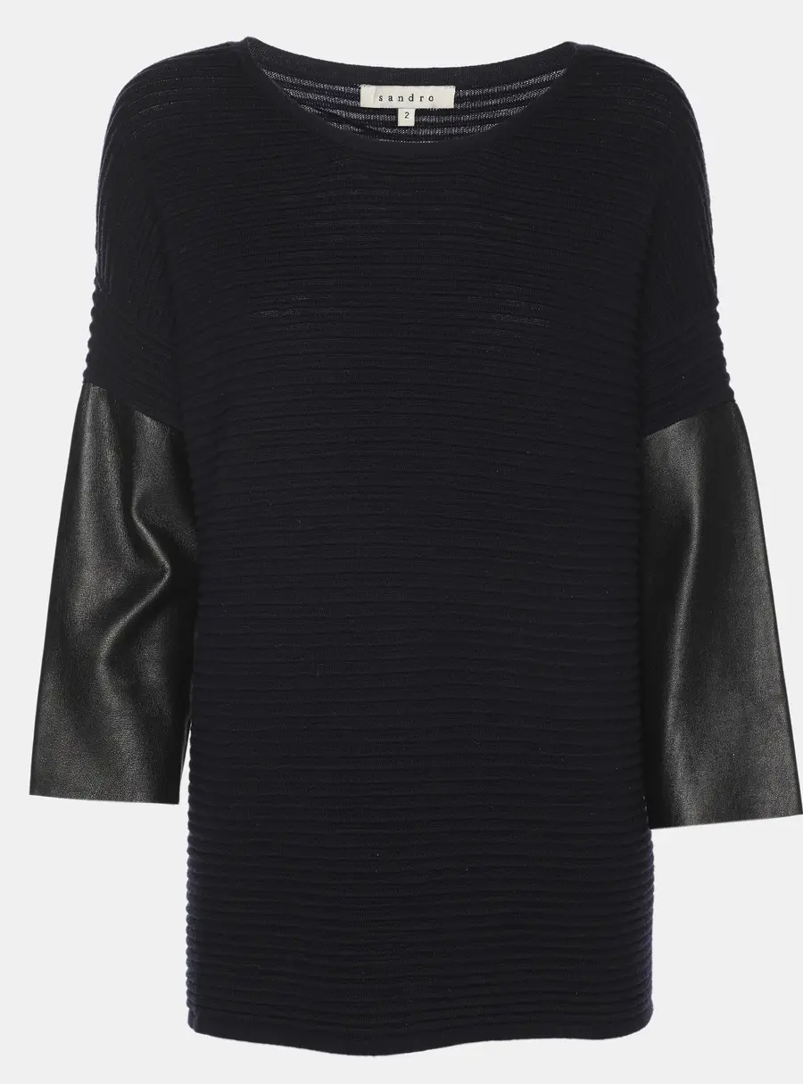 Sandro Navy Blue/Black Rib Knit and Leather Top S