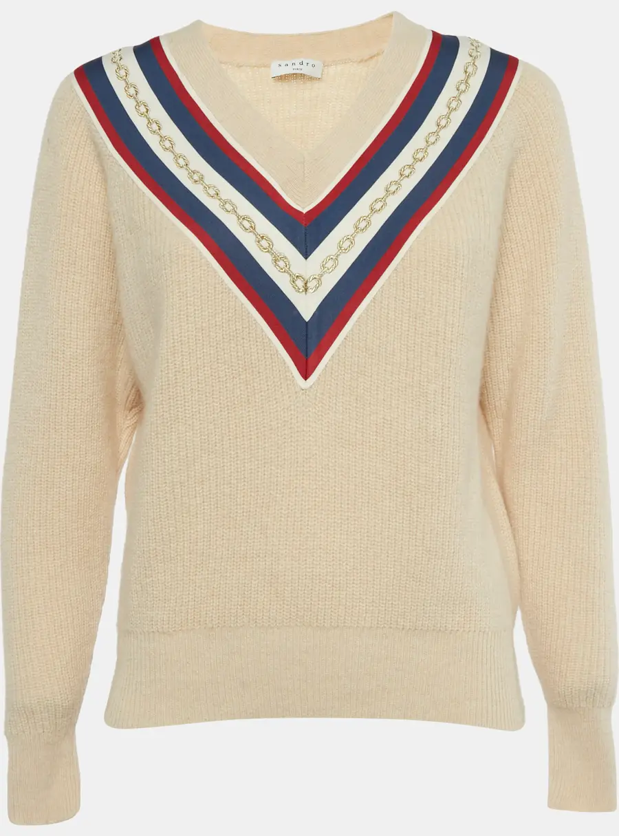 Sandro Beige Applique Rib Knit V-Neck Sweater S