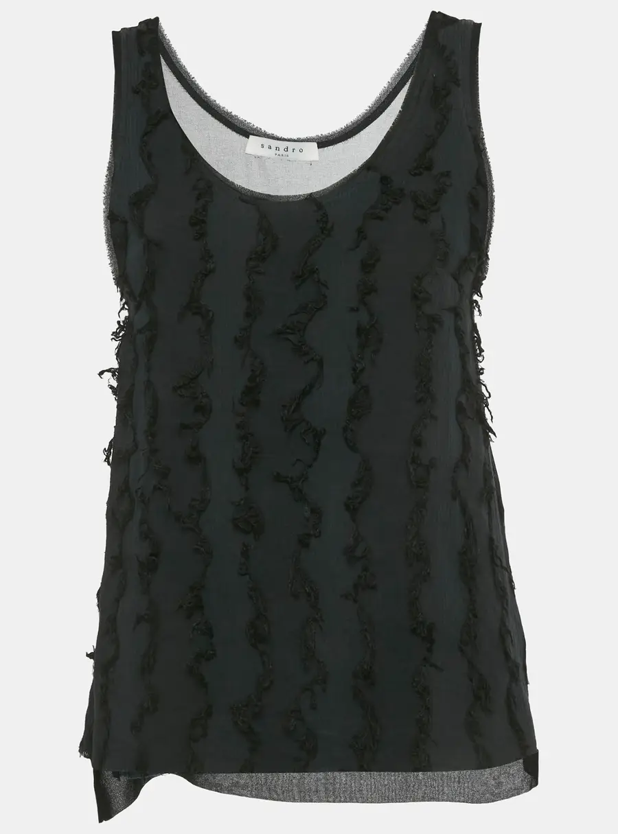 Sandro Black Rib Knit Frayed Detail Tank Top S
