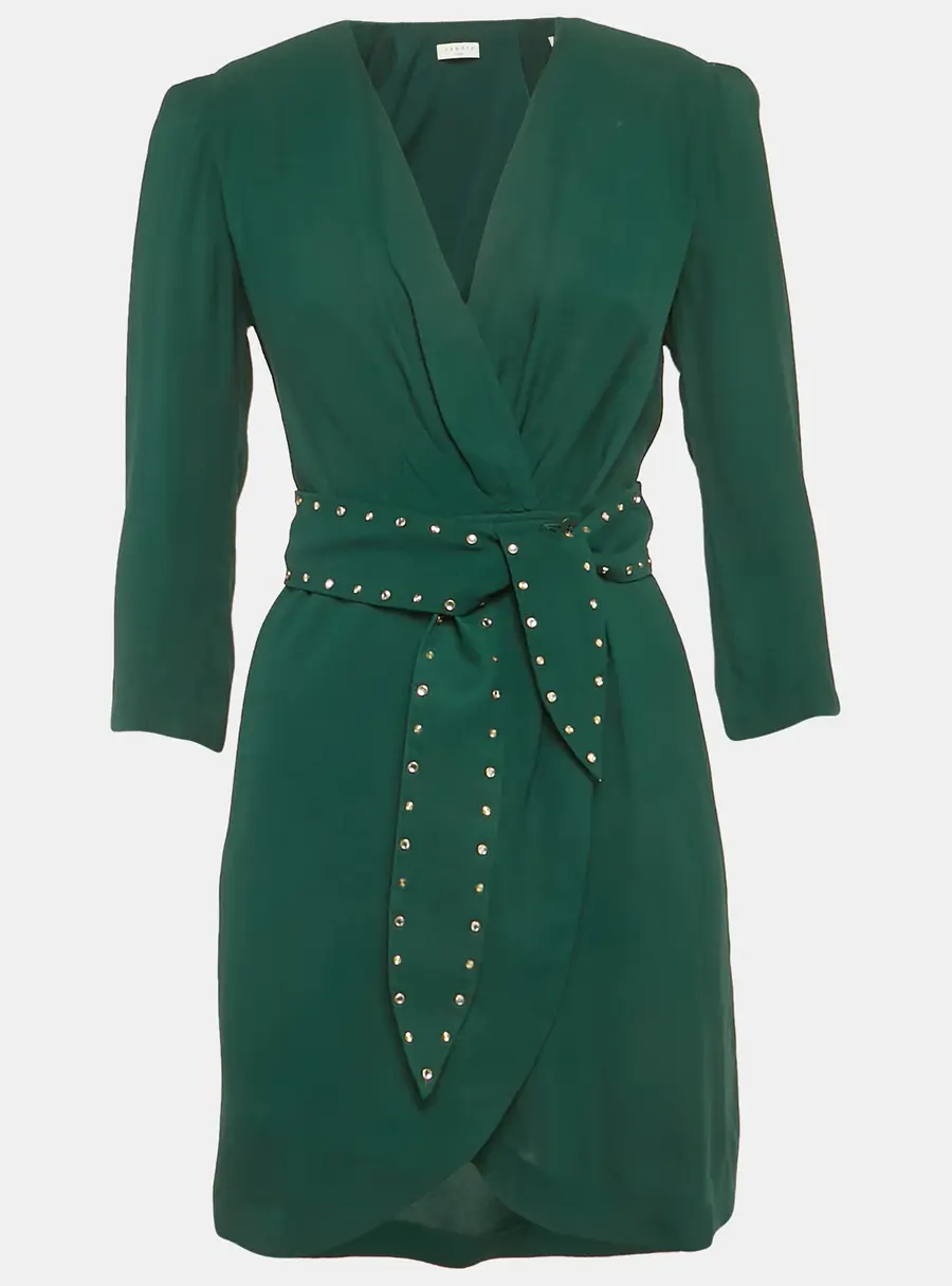 Sandro Green Crepe Embellished Trim Wrap Around Mini Dress XS