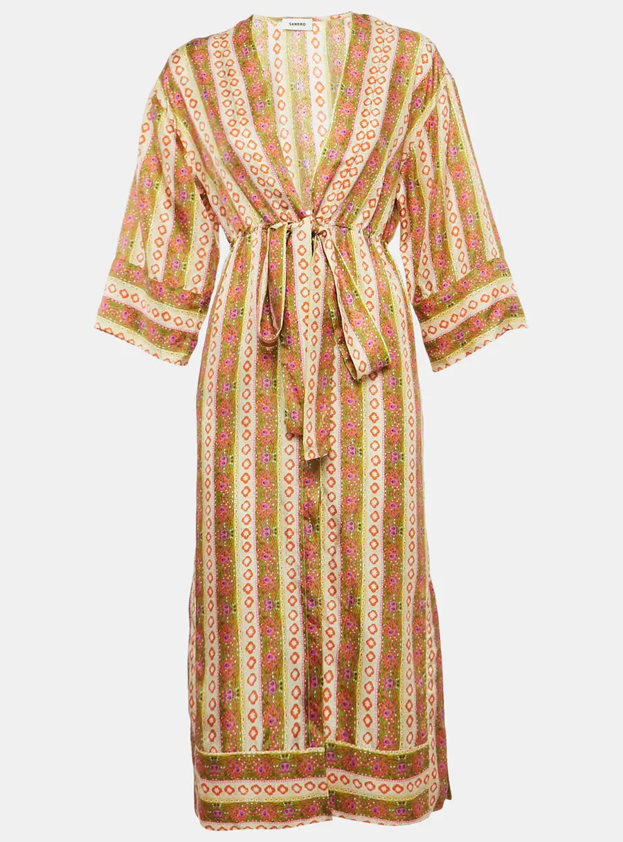 Sandro Multicolor Floral Striped Silk Kaftan Dress S