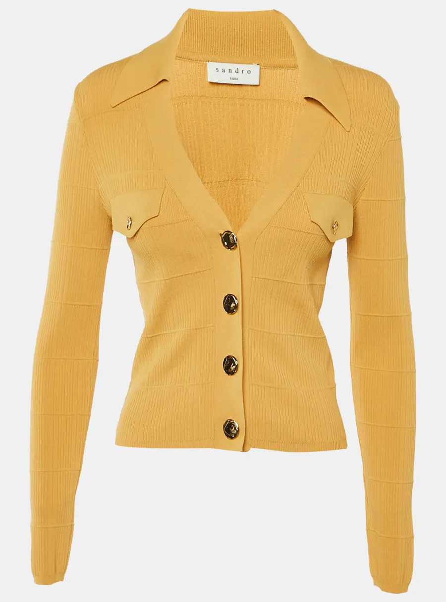 Sandro Yellow Knit Polo Neck Cardigan M