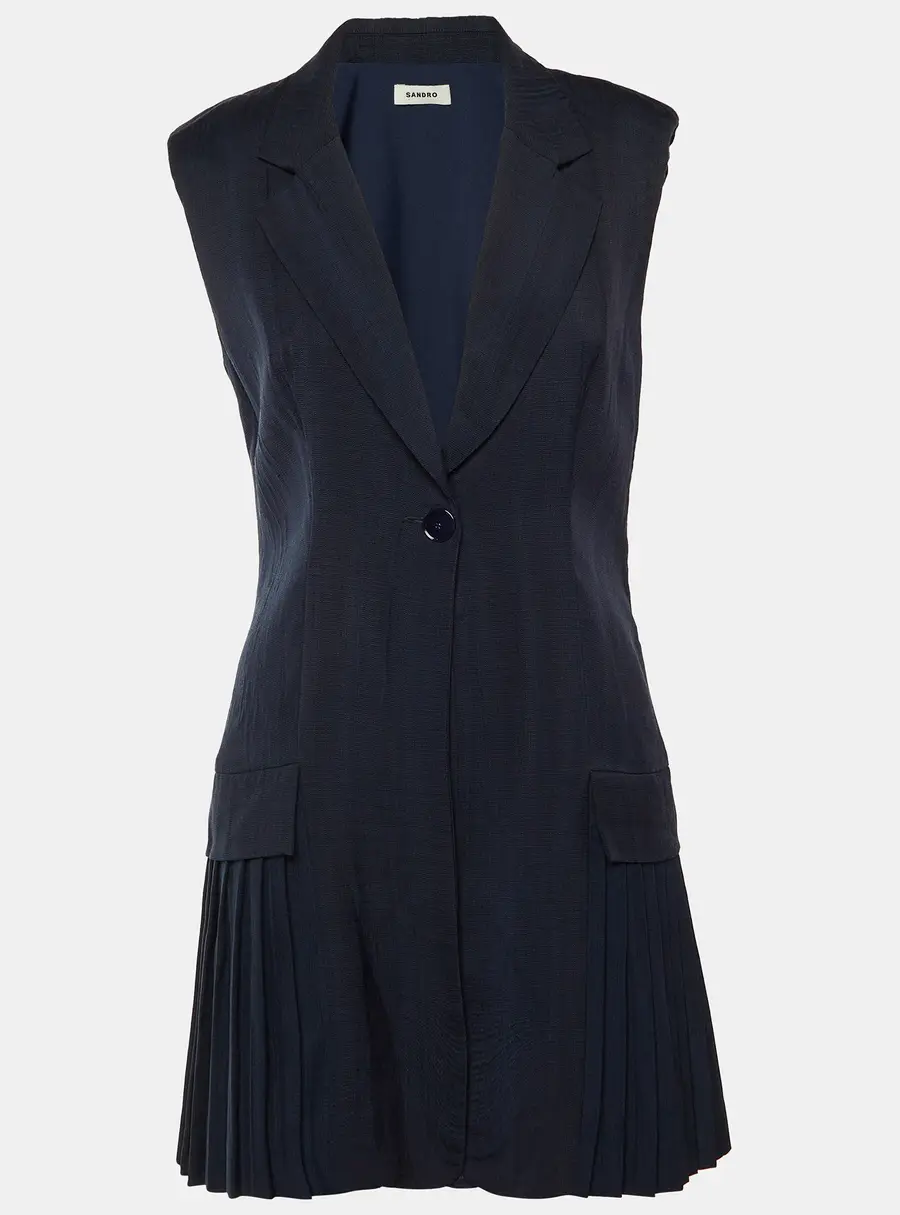 Sandro Navy Blue Crepe Pleated Mini Suit Dress M