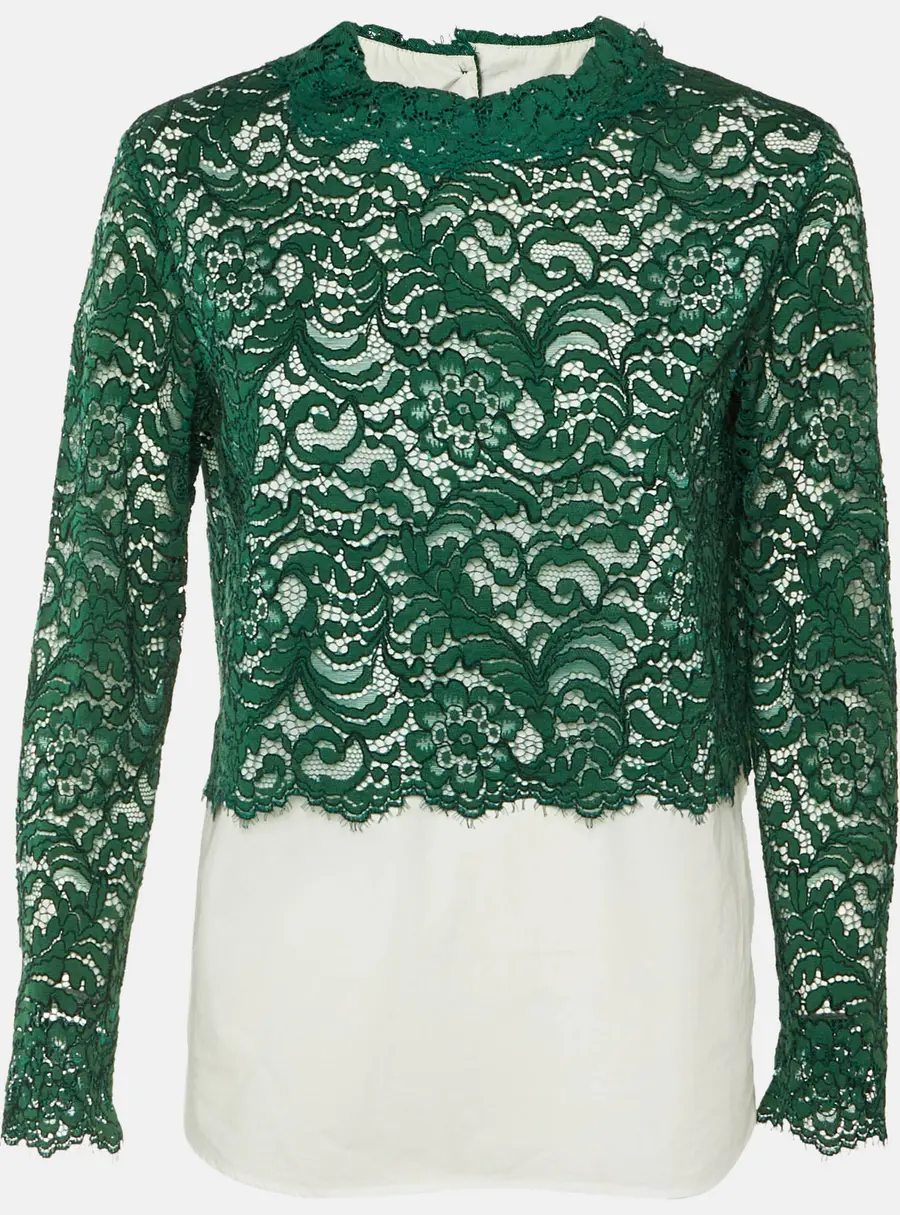 Sandro  Green /White Cotton & Lace Overlay Malia Top L