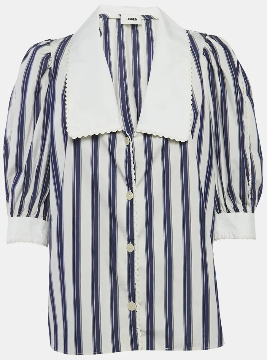 Sandro Blue Stripe Cotton Oversize Collar Chiara Shirt L