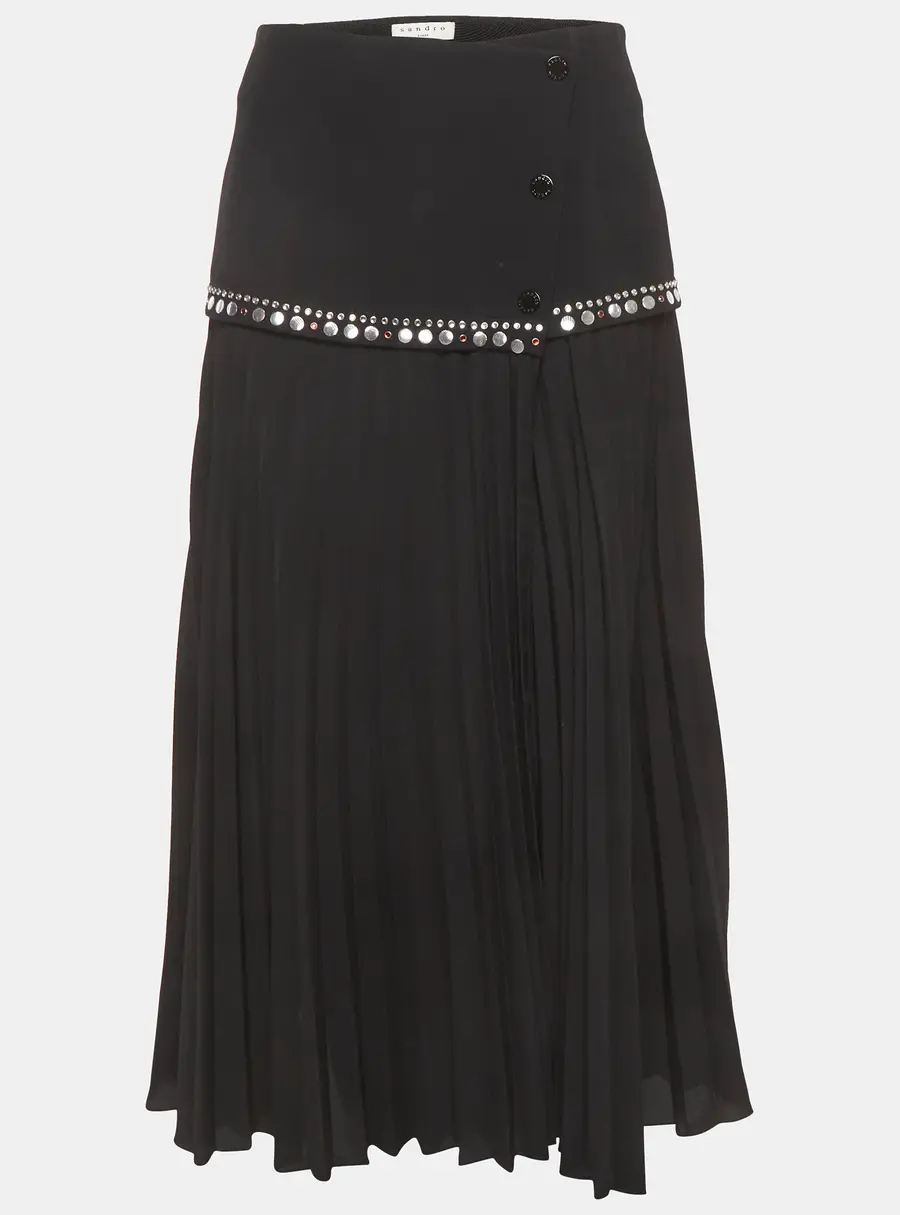Sandro Black Crepe Embellished Plisse Midi Skirt M