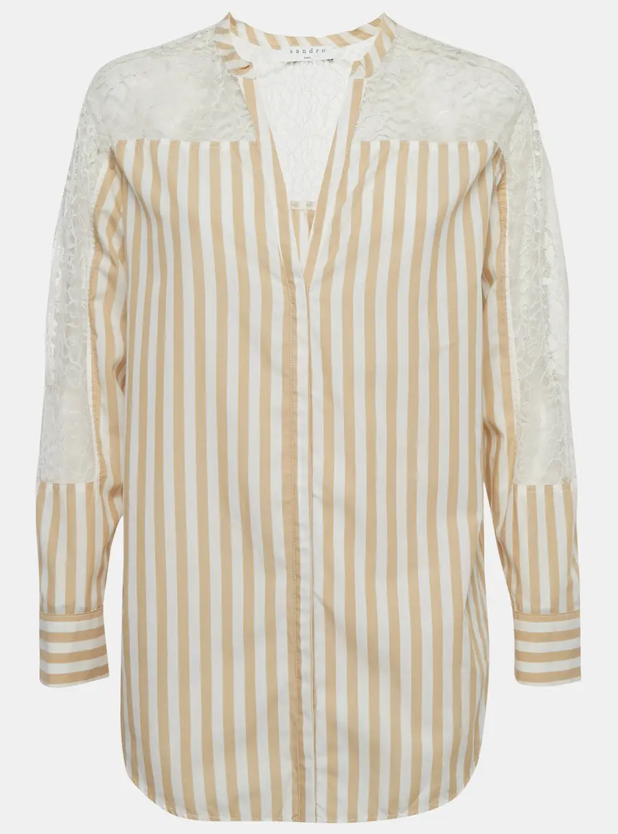 Sandro Beige & White Striped Cotton & Lace Shirt M