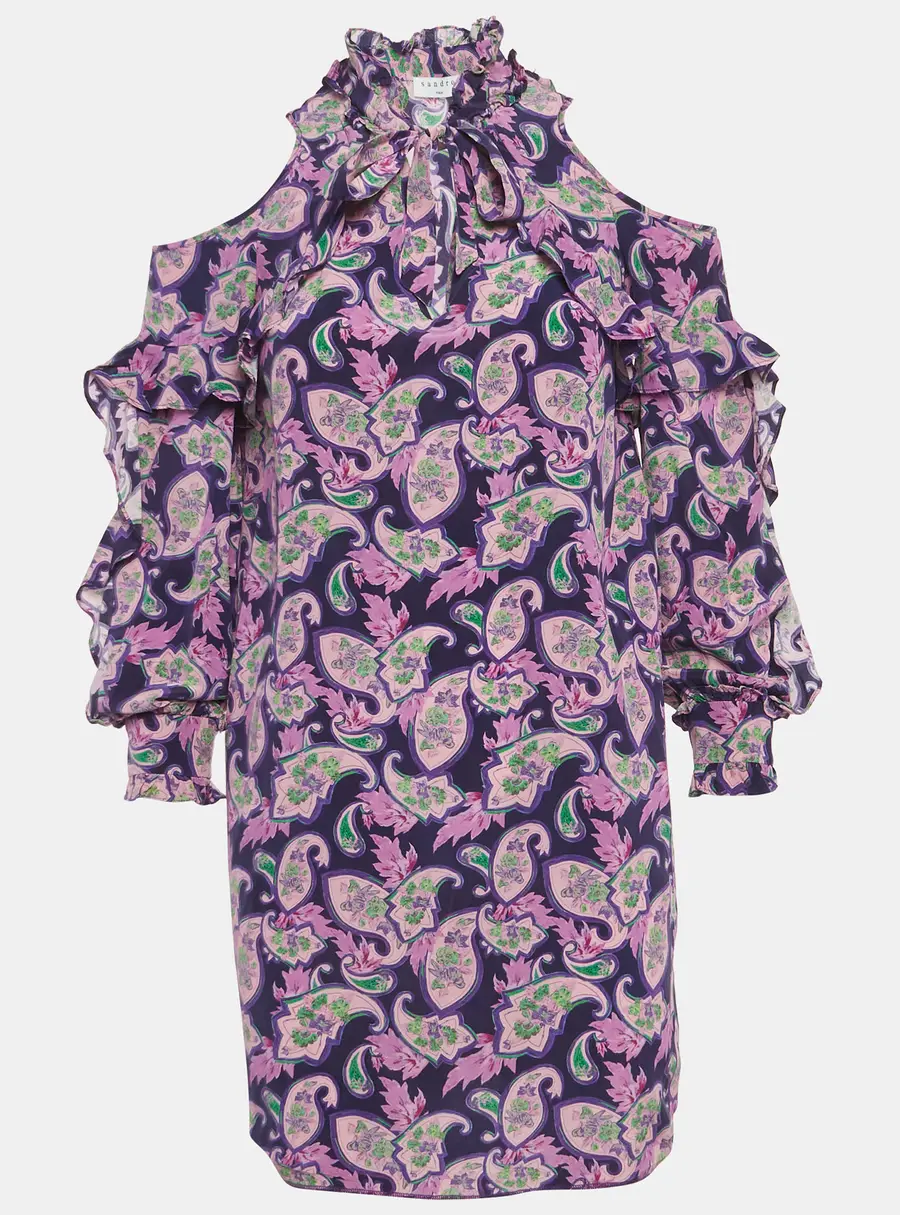 Sandro Purple Printed Silk Ruffled Cold-Shoulder Dress S
