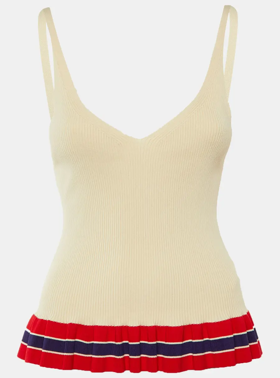 Sandro Beige Striped Rib Knit Ruffled Top L