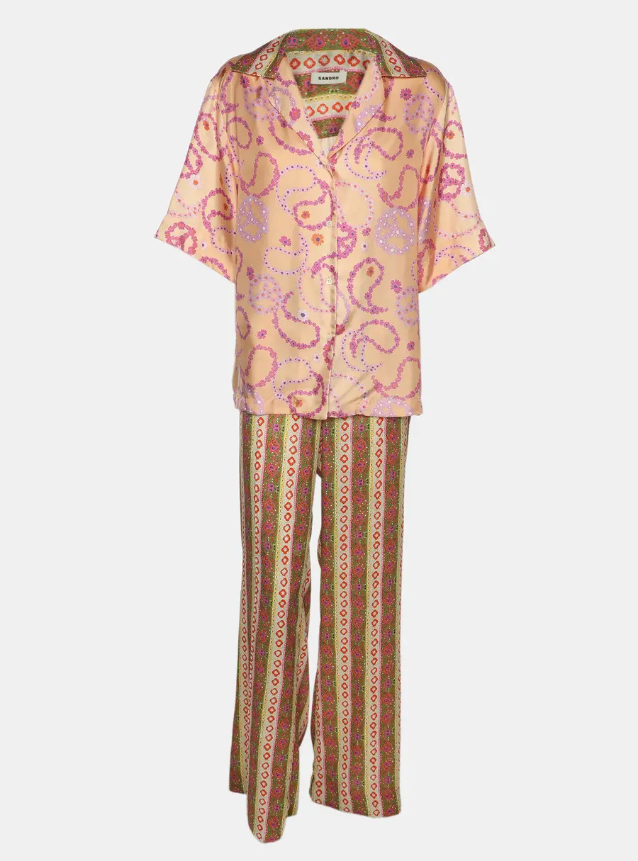 Sandro Multicolor Printed Satin Kimi Blouse and Pants Set M
