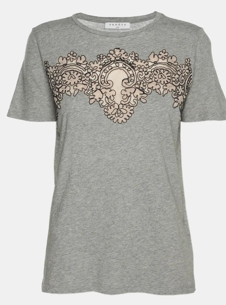 Sandro Grey/Beige Cotton and Lace T-Shirt S