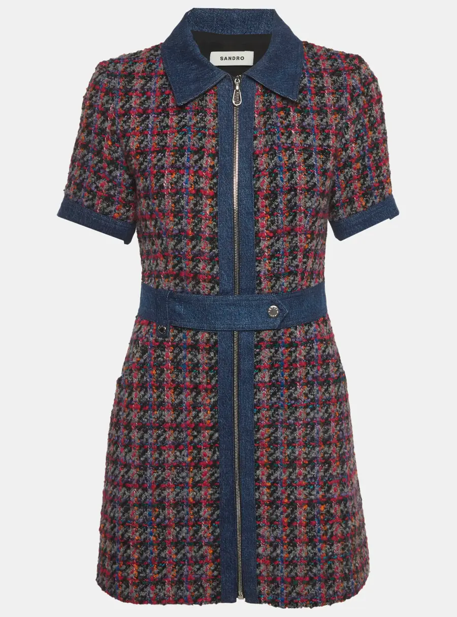 Sandro Multicolour Check Tweed Denim Trim Mini Dress S