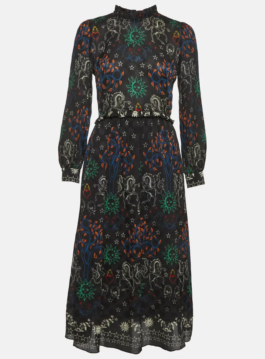 Sandro Black Print Chiffon Ruffled Trim Midi Dress XS