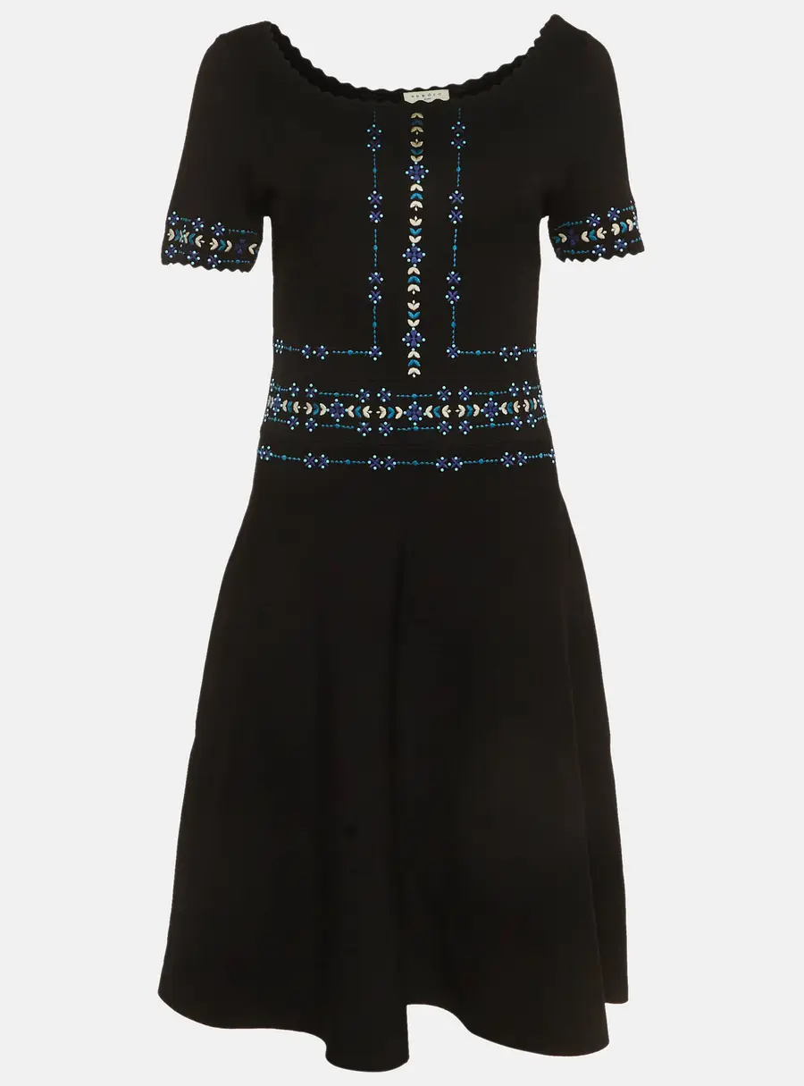 Sandro Black/Blue Embroidered Stretch Knit Midi Dress L