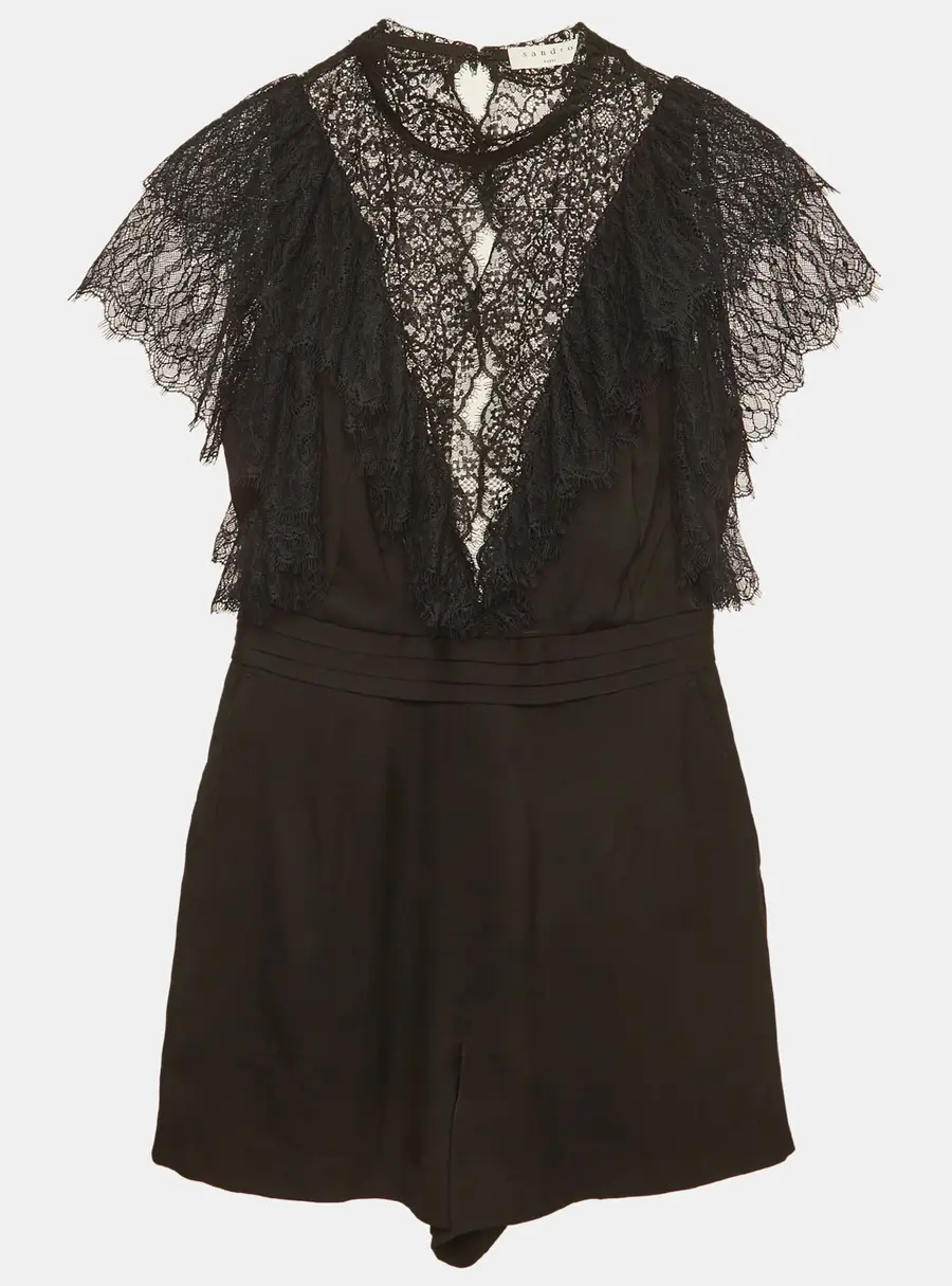Sandro Black Crepe and Lace Detail Playsuit XS
