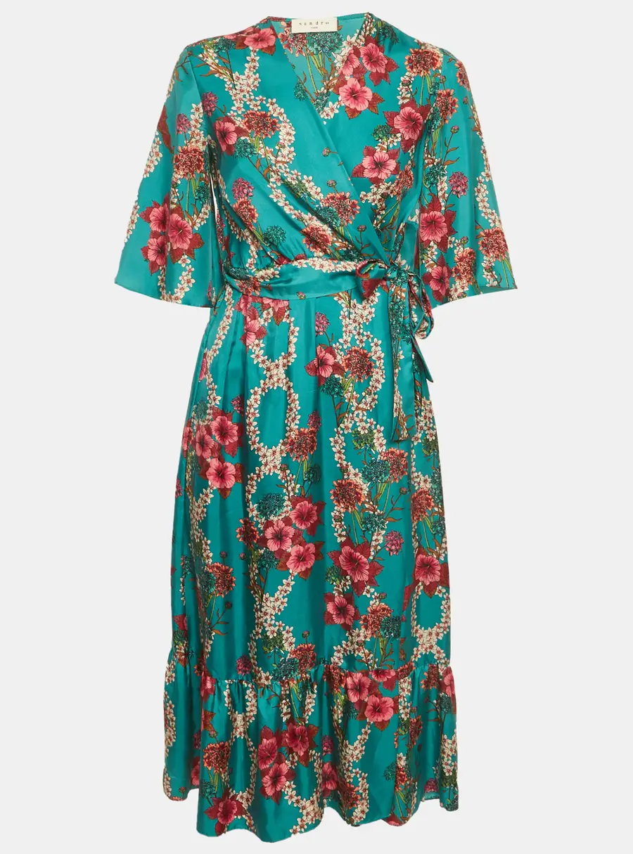 Sandro Turquoise Floral Print Silk Midi Wrap Dress M