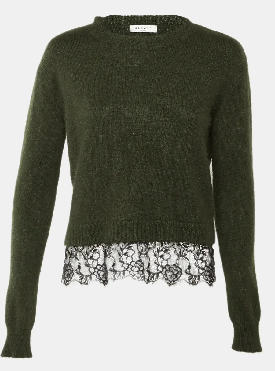 Sandro Olive Green Wool & Lace Hem Sweater S