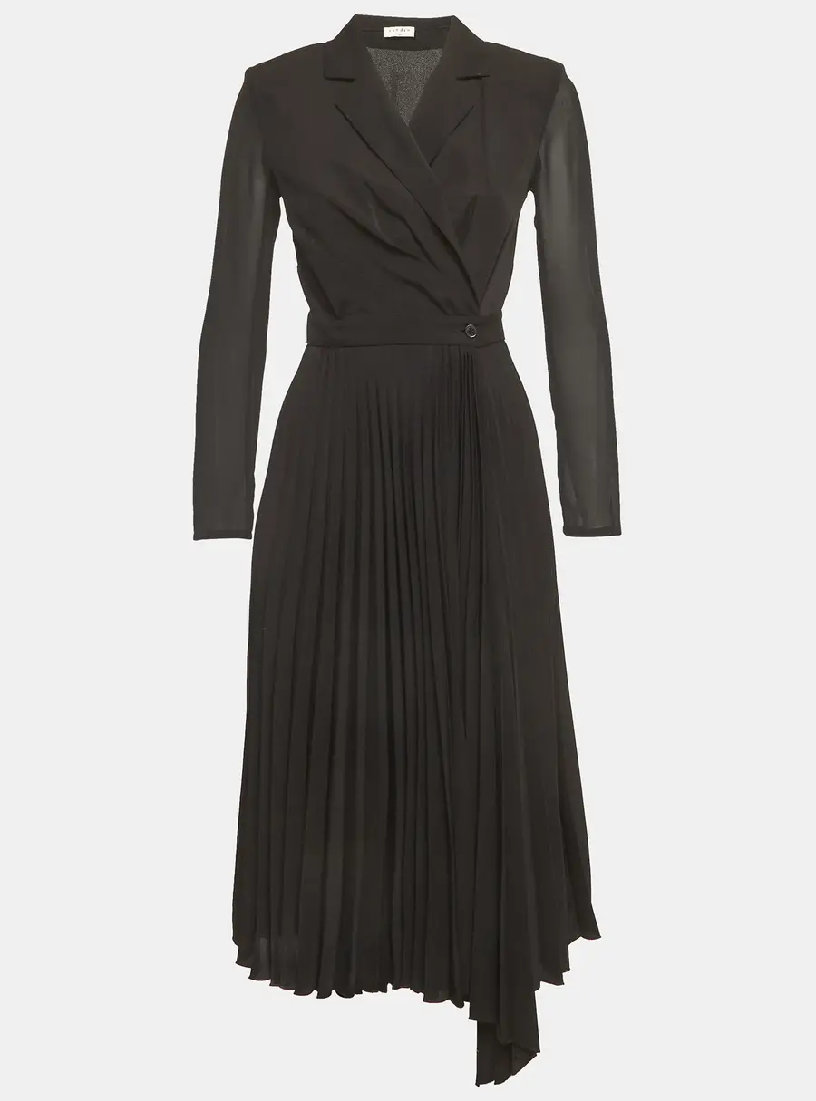 Sandro Black Crepe & Plisse Wrap Style Midi Dress S