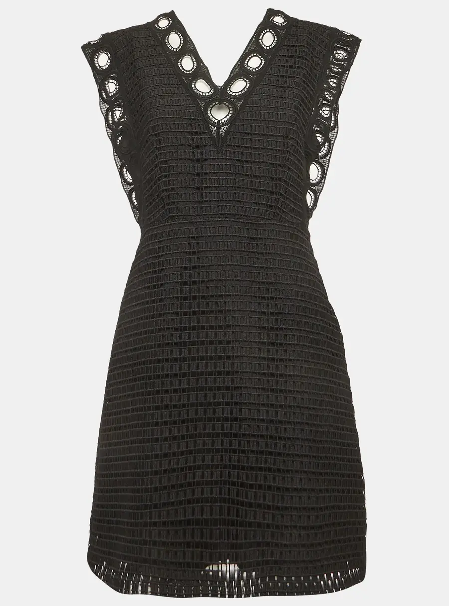 Sandro Black Crochet Lace Trim V Neck Mini Dress S