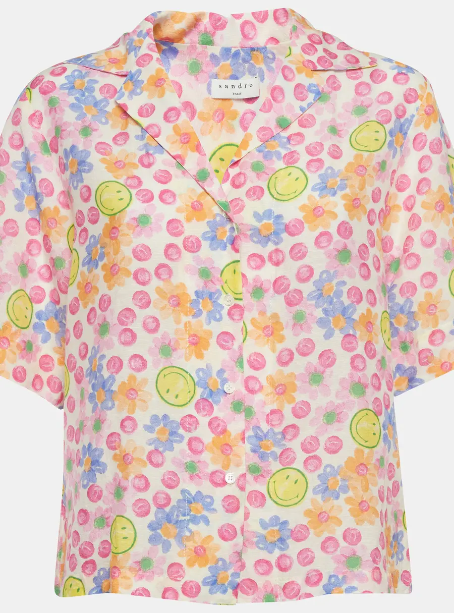 Sandro x Smiley Pink Floral Print Linen Blend Shirt M