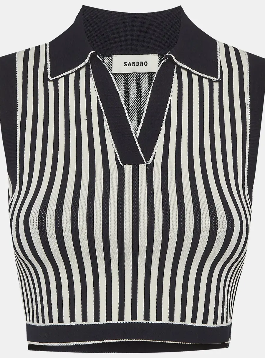 Sandro Blue/White Striped Collared Crop Top S