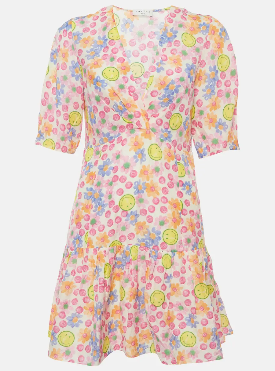 Sandro X Smiley Multicolour Floral Print Linen Blend Mini Dress S